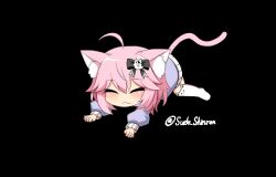 1girl =_= ahoge all_fours animal_ear_fluff animal_ears animal_print animated animated_gif artist_name black_background blush bow cat_ears cat_girl cat_print cat_tail chibi closed_eyes commentary_request commission ear_wiggle fang ghost_hair_ornament hair_between_eyes hair_bow hair_ornament hood hoodie indie_virtual_youtuber long_sleeves misskey.io_username no_shoes nyatasha_nyanners nyatasha_nyanners_(1st_costume) open_mouth pink_hair pink_tail print_thighhighs purple_hoodie short_hair skeb_commission smile solo stretching sudou_noboru tail thighhighs virtual_youtuber white_thighhighs yawning
