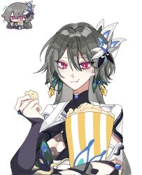 bodysuit cleavage_cutout clothing_cutout earrings eating eyeliner feather_earrings feathers food green_hair hair_between_eyes highres honkai_(series) honkai_impact_3rd jewelry long_hair long_sleeves makeup peacock_feathers peacock_feathers_hair_ornament popcorn red_eyes reference_photo sticker upper_body vita_(honkai_impact) vita_(lone_planetfarer)_(honkai_impact) white_background yomirematsubara