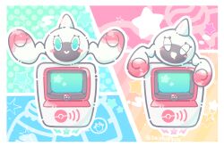 :&gt; aqua_eyes blush blush_stickers border closed_mouth commentary_request computer eyelashes gen_4_pokemon highres kirrim monitor multiple_views nintendo no_humans open_mouth outline poke_ball poke_ball_(basic) poke_ball_symbol pokemon pokemon_(creature) pokemon_focus pokemon_swsh rotom rotomi smile star_(symbol) white_border white_outline