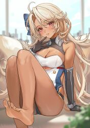 1girl absurdres ahoge ariko_(aaaaarik) ass azur_lane bare_legs barefoot black_gloves black_panties blonde_hair blue_sky blush breasts brooklyn_(azur_lane) city cityscape cleavage commentary couch dark-skinned_female dark_skin elbow_gloves english_commentary feet gloves highres lace_trim large_breasts legs long_hair looking_at_viewer no_legwear open_mouth panties plant red_eyes ribbon sitting sky soles solo striped_ribbon toes underwear window