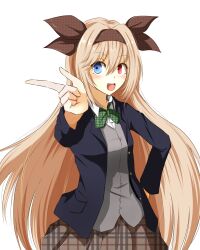 1girl :d black_jacket blazer blonde_hair blue_eyes blush bow bow_hairband bowtie brown_bow brown_hairband brown_skirt collared_shirt commentary_request cookie_(touhou) cowboy_shot finger_gun green_bow green_bowtie grey_vest hair_between_eyes hairband heterochromia highres jacket lemi_(cookie) long_hair looking_at_viewer open_clothes open_jacket open_mouth plaid_bow plaid_bowtie plaid_clothes plaid_skirt red_eyes sakuna_brownie shirt simple_background skirt smile solo very_long_hair vest white_background white_shirt