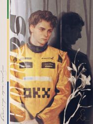 Rule 34 | 2boys, ayrton senna, black hair, brown eyes, brown hair, chanasykine, closed mouth, commentary, different reflection, formula one, highres, long sleeves, male focus, mclaren, multiple boys, oscar piastri, own hands together, racing suit, real life, realistic, reflection, short hair