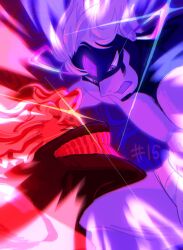 Rule 34 | 2boys, commentary, dandadan, duel, english commentary, enjoji jin, evil eye (dandadan), highres, looking at another, male focus, male underwear, mask, mouth mask, multiple boys, possessed, profile, rubymin, short hair, takakura ken (dandadan), takakura ken (transformed) (dandadan), third eye, topless male, transformation, underwear, upper body, white male underwear