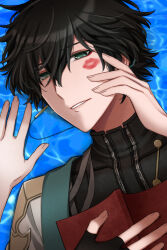 1boy after_kiss black_gloves black_hair book caelus_(honkai:_star_rail) dan_heng_(honkai:_star_rail) dan_heng_(hunt)_(honkai:_star_rail) fingerless_gloves gloves green_eyes holding holding_book honey1230 honkai:_star_rail honkai_(series) male_focus ocean pov short_hair trailblazer_(honkai:_star_rail) yaoi