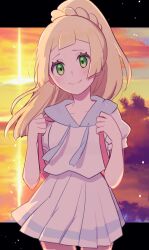 1girl backpack bag blonde_hair blush closed_mouth cowboy_shot green_eyes high_ponytail lillie_(pokemon) long_hair nintendo pleated_skirt pokemon pokemon_sm ponytail shirt short_sleeves skirt smile solo twilight wascoon white_shirt white_skirt