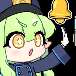 +_+ 1girl :o acomu414 animated animated_gif bad_source bell black_hat blue_archive buttons chibi commentary doorbell double-breasted eighth_note gloves green_hair hat hikari_(blue_archive) long_hair long_sleeves looking_up looping_animation lowres musical_note outstretched_arm peaked_cap pointy_ears push-button pushing solo sparkling_eyes symbol-only_commentary train_conductor transparent_background upper_body v-shaped_eyebrows white_gloves