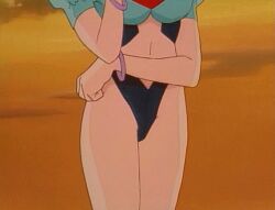 1990s_(style) 1girl animated animated_gif anju_(kishin_douji_zenki) ass bare_legs bracelet breasts clothing_cutout earrings evening full_body green_eyes green_hair highleg highleg_leotard hoop_earrings jewelry juliet_sleeves kishin_douji_zenki leotard long_sleeves medium_breasts medium_hair navel_cutout puffy_sleeves retro_artstyle revealing_clothes see-through_clothes see-through_leotard sky