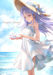 Rule 34 | 1girl, angel beats!, blue sky, brown eyes, brown hat, cloud, comiket 105, commentary request, day, dress, frilled dress, frills, goto p, grey hair, hat, hat ribbon, highres, long hair, outdoors, ribbon, sky, solo, standing, straw hat, sun hat, sundress, tachibana kanade, white dress