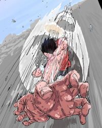 Rule 34 | 1boy, black hair, black shorts, commentary, denim, denim shorts, devil fruit power, english commentary, floating hat, foreshortening, from above, fur-trimmed shorts, fur trim, gear second, hat, highres, incoming attack, male focus, miu ryy2, monkey d. luffy, one piece, open hand, outdoors, red shirt, shirt, short hair, shorts, sleeveless, sleeveless shirt, solo, straw hat