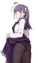 1girl ahoge ass black_panties black_pantyhose blunt_bangs blush chofu_noriko clothes_lift commentary dress dress_lift embarrassed flying_sweatdrops highres ikizulive!_love_live!_bluebird lifting_own_clothes long_hair long_sleeves looking_back love_live! open_mouth panties pantyhose purple_dress purple_eyes purple_hair shirt solo twintails underwear unsfrau white_background white_shirt