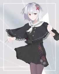 1girl assault_lily black_capelet black_flower black_ribbon black_serafuku black_shirt black_skirt brown_pantyhose capelet closed_mouth commentary_request cowboy_shot floating_hair floral_print flower gradient_background grey_background grey_flower grey_hair hair_between_eyes hair_flower hair_ornament hair_ribbon hands_up heterochromia highres inset_border lace-trimmed_capelet lace_trim light_blush light_particles light_smile long_hair long_sleeves looking_at_viewer miniskirt neckerchief on_(phantasm_flower) outside_border pantyhose pleated_skirt print_skirt red_eyes ribbon ribbon-trimmed_capelet ribbon_trim sailor_collar school_uniform serafuku shirt skirt solo standing white_neckerchief white_sailor_collar yamaguchi_chihiro_(assault_lily) yellow_eyes