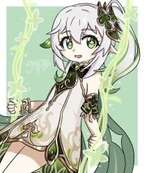1girl absurdres aged_down bug butterfly clover_print dress female_focus gem genshin_impact green_eyes grey_background grey_hair highres insect jua legs multicolored_hair nahida_(genshin_impact) nose open_mouth shadow smile solo white_hair