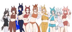 Rule 34 | 6+girls, absurdres, ahoge, animal ears, anrepoi, ascot, black hair, black one-piece swimsuit, black tail, blonde hair, blue hair, blue pants, blue shirt, blue tail, boxers, breasts, brown hair, brown pants, brown shirt, brown tail, bullet&#039;n board, comely material morning, crossed arms, cyan (horse race tests), detached sleeves, door knob (horse race tests), double bun, downtown skybox, fingerless gloves, gloves, hair bun, hand up, highres, horse ears, horse girl, horse race tests, jovial merryment, lightning strikes thrice, long hair, male underwear, medium breasts, medium hair, midriff, multiple girls, navel, one-piece swimsuit, orange hair, orange panties, orange shirt, orange tail, panties, pants, pink hair, pink tail, red gloves, red hair, red panties, red pants, red shirt, resolute mind afternoon, shirt, short hair, simple background, simple bird, sleeveless, small breasts, stomach, superstitional realism, swimsuit, underwear, v, white ascot, white background, white gloves, white hair, white pants, white shirt, white sleeves, white tail, yellow pants, yellow shirt, yellow tail