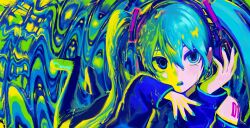1girl absurdres aqua_eyes arm_tattoo bare_shoulders boots detached_sleeves hair_between_eyes hatsune_miku headphones highres image_warping legs_up long_hair looking_at_viewer lying melting mismatched_irises on_stomach open_mouth solo tattoo tearing_up tears twintails very_long_hair vocaloid wawasuke