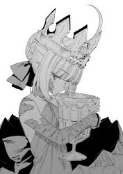 Rule 34 | 1girl, absurdres, ahoge, braid, chalice, crown, cup, dragon tail, dress, fate (series), gem, greyscale, hair bun, highres, hime cut, holding, holy grail (fate), ikezawa shin, looking at viewer, medium hair, monochrome, nero claudius (fate), pointed crown, queen draco (fate), queen draco (first ascension) (fate), scales, simple background, sleeveless, sleeveless dress, solo, tail, upper body