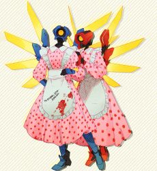 absurdres apron blood clothed_robot dress energy_wings food_print fruit_print highres humanoid_robot korean_commentary locked_arms looking_at_viewer looking_down no_humans one-eyed pink_dress robot science_fiction small_dduck strawberry_print ultrakill v1_(ultrakill) v2_(ultrakill) white_apron yellow_eyes