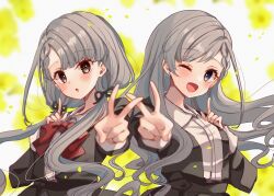 2girls ;d black_jacket black_ribbon black_skirt blue_eyes blurry blurry_background blush bow braid braided_bangs brown_eyes collared_shirt commentary_request depth_of_field dress_shirt grey_background grey_hair hair_ribbon highres hisakawa_hayate hisakawa_nagi idolmaster idolmaster_cinderella_girls idolmaster_cinderella_girls_starlight_stage index_finger_raised jacket juliet_sleeves long_sleeves low_twintails multiple_girls one_eye_closed open_mouth outstretched_arm parted_lips puffy_sleeves red_bow ribbon rino_cnc shirt siblings simple_background sisters skirt smile twins twintails v white_shirt
