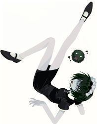 1girl absurdres black_dress bob_cut dress egodeath futaba_channel green_hair highres iya_maid maid maid_headdress marimo marimo_(nm65) mary_janes nijiura_maids pale_skin red_eyes sanpaku shoes short_hair short_sleeves ankle_socks simple_background socks solo tongue tongue_out upside-down white_background white_socks