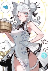 1girl animal_ears arm_behind_back armpit_crease bamboo_steamer bare_arms bare_shoulders blue_eyes blush breasts cat_(nyanko_daisensou) cat_ears china_dress chinese_clothes commentary covered_navel dress ebora english_commentary groin hair_bun heart highres long_hair looking_at_viewer lunacia_(nyanko_daisensou) medium_breasts nyanko_daisensou one_eye_closed pelvic_curtain side_slit sleeveless sleeveless_dress solo sparkle spoken_heart thick_thighs thighs