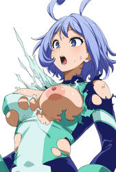 1girl antenna_hair blue_bodysuit blue_eyes blue_hair blush bodysuit boku_no_hero_academia breasts fuooooo green_bodysuit hado_nejire highres large_breasts nipples open_mouth short_hair solo torn_clothes