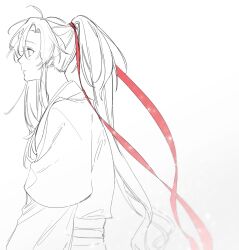 Rule 34 | 1boy, ahoge, chinese clothes, closed mouth, from side, greyscale, gymnasium119, hair between eyes, hair ribbon, hanfu, highres, light particles, long hair, long sleeves, looking to the side, male focus, modao zushi, monochrome, parted lips, ponytail, profile, red ribbon, ribbon, robe, sash, sidelocks, simple background, solo, spot color, upper body, very long hair, wei wuxian, white background, wide sleeves