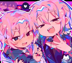 Rule 34 | 4boys, :d, @ @, arm around shoulder, artist logo, artist name, black eyes, black hair, black hoodie, black jacket, black nails, black shirt, blue eyes, blush, collar, fang, hair between eyes, heart, heterochromia, highres, hood, hood down, hoodie, jacket, logo, long sleeves, looking at viewer, male focus, multicolored hair, multicolored nails, multiple boys, multiple persona, nail polish, open clothes, open jacket, open mouth, original, outline, pink background, pink eyes, pink hair, purple shirt, red nails, sharp teeth, shirt, short hair, smile, speech bubble, spoken heart, sweat, sweatdrop, teeth, uenomigi, v, white hoodie, white jacket, white outline