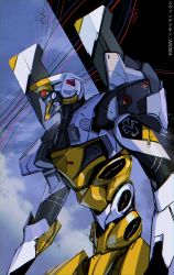 absurdres cable cloud copyright_name eva_00 highres looking_ahead mecha mecha_focus neon_genesis_evangelion neon_genesis_evangelion_anima one-eyed raruru red_eyes robot science_fiction sky solo upper_body