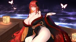 1girl absurdres akahime_momiji bare_shoulders blonde_hair blush boat breasts bug butterfly chixiao cleavage curvy flower fur_trim hair_flower hair_ornament highres holding huge_breasts indie_virtual_youtuber insect japanese_clothes kimono long_hair long_sleeves looking_at_viewer mole mole_on_breast mole_under_eye original plump red_hair sash solo tassel thighs virtual_youtuber water watercraft wide_sleeves