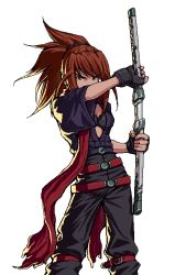 1girl backlighting belt black_gloves black_pants brown_hair buckle covering_own_mouth female_focus fingerless_gloves gloves high_ponytail katana my-hime nekopuchi oekaki pants ponytail red_scarf scarf serious sheath solo sugiura_midori sword unsheathing weapon white_background