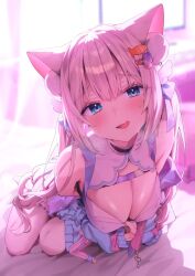1girl animal_ears blue_eyes blush bow breasts chest_strap cleavage fish_hair_ornament grey_hair hair_ornament hairclip head_wings highres indie_virtual_youtuber long_hair nen_0405 pink_bow second-party_source shadow sleeves_past_wrists solo sweat tongue tsukimachi_nyamo virtual_youtuber white_wings wings