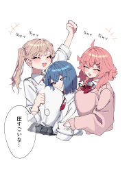 3girls ^_^ absurdres blue_eyes blue_hair bow bowtie breasts brown_hair clenched_hand closed_eyes highres konno_you_(warabi_mochi_(w4rabimochi)) kozakura_men_(warabi_mochi_(w4rabimochi)) large_breasts mole mole_under_eye multiple_girls original pink_hair red_bow red_bowtie sandwiched school_uniform shirt short_hair simple_background speech_bubble thought_bubble translation_request warabi_mochi_(w4rabimochi) white_background white_shirt