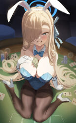1girl absurdres animal_ear_hairband animal_ears asuna_(blue_archive) asuna_(bunny)_(blue_archive) bare_shoulders blonde_hair blue_archive blue_bow blue_bowtie blue_eyes blue_leotard blue_ribbon blush bow bowtie breasts card cleavage detached_collar elbow_gloves fake_animal_ears ginichu1003 gloves grin hair_over_one_eye hair_ribbon hairband high_heels highleg highleg_leotard highres large_breasts leotard long_hair looking_at_viewer mole mole_on_breast official_alternate_costume playboy_bunny playing_card poker_chip poker_table rabbit_ear_hairband rabbit_ears ribbon shoes sidelocks sitting smile solo strapless strapless_leotard table teeth wariza white_gloves white_hairband white_shoes
