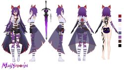1girl absurdres arm_tattoo back_tattoo belt black_skirt breasts character_name character_profile chest_tattoo facial_tattoo fiery_horns gloves hair_between_eyes heterochromia highres horns jacket large_breasts leather leg_tattoo long_hair looking_at_viewer mai_noboshi purple_eyes purple_hair red_eyes skirt tattoo virtual_youtuber white_background white_belt