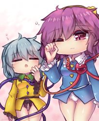 2girls :3 blouse blue_hair blue_shirt blush breasts closed_eyes frilled_shirt_collar frilled_sleeves frills hair_between_eyes heart heart_background highres komeiji_koishi komeiji_satori light_blue_hair long_sleeves medium_breasts multiple_girls multiple_tails one_eye_closed open_mouth panties pearl_thong pink_background pink_eyes pink_hair ribbon ribbon-trimmed_panties ribbon_trim shirt short_hair siblings sisters skirt spiral squeans tail third_eye touhou two_tails underwear unime_seaflower unworn_skirt white_panties wide_sleeves yawning yellow_shirt
