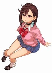 1girl absurdres ap_cammy arm_support ayase_momo black_choker blue_skirt bow bowtie brown_eyes brown_hair choker closed_mouth collared_shirt commentary_request dandadan dress_shirt earrings floating_earrings from_above full_body hair_behind_ear hair_between_eyes highres invisible_chair jewelry kami_high_school_uniform legs loafers long_sleeves looking_at_viewer loose_bowtie loose_socks miniskirt pink_sweater pleated_skirt red_bow red_bowtie revision school_uniform shirt shoes short_hair sitting skirt socks solo sweater white_background white_shirt white_socks