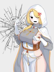2023 anger_vein angry arm_at_side blonde_hair borrowed_character breasts cape choker clenched_hands clothing_cutout commentary commission corset cowboy_shot crack cracked_wall cross dress english_commentary female_focus gem gloves grey_background grey_shirt highres hood hood_up large_breasts light_blush locket_white_(bakalorin) long_sleeves low-tied_sidelocks mario_(series) nintendo open_mouth original puffy_long_sleeves puffy_sleeves red_gemstone scar scar_across_eye scar_on_face seilindekos serious shirt shy_gal side_cutout side_slit simple_background solo standing thighs v-shaped_eyebrows white_dress white_gloves white_mask