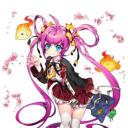 1girl ahoge bag black_bow black_bowtie black_coat blue_eyes bow bowtie closed_mouth coat falling_petals fireball frilled_skirt frills hitodama holding holding_bag kagutsuchi_(uchi_no_hime-sama) long_hair petals pika_(kai9464) pink_hair plaid_clothes plaid_skirt red_skirt ring_hair school_bag school_uniform skirt thighhighs uchi_no_hime-sama_ga_ichiban_kawaii very_long_hair white_thighhighs