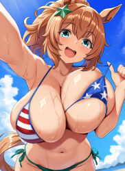 1girl :d american_flag american_flag_bikini american_flag_print animal_ears aqua_eyes arm_up armpits asanagi_shion bare_arms bare_shoulders beach bikini blue_sky blurry blush breasts brown_hair cleavage clenched_hand clothes_lift cloud commentary_request depth_of_field flag_print flag_print_bikini green_bikini groin hair_between_eyes hair_ornament halterneck hand_up highres horse_ears horse_girl horse_tail huge_breasts large_breasts leaning_forward lifting_own_clothes looking_at_viewer medium_hair mountainous_horizon navel open_mouth outdoors outstretched_arm paid_reward_available ponytail print_bikini raised_eyebrows shiny_skin side-tie_bikini_bottom sidelocks skindentation sky smile solo star_(symbol) star_hair_ornament star_print string_bikini sunlight swimsuit taiki_shuttle_(umamusume) tail teeth thumbs_up tongue umamusume unaligned_breasts upper_teeth_only wet