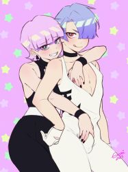 2boys black_jumpsuit brothers bulge gomicake grin hair_over_one_eye highres hug hug_from_behind incest jumpsuit looking_at_viewer multiple_boys nipples panty_&amp;_stocking_with_garterbelt penis_grab pink_hair polyester_(psg) polyurethane_(psg) siblings simple_background sleeveless_jumpsuit smile white_jumpsuit yaoi
