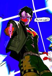 1boy aiming bat_signal batman_(series) batman_symbol black_bodysuit black_hair blue_eyes bodysuit brown_jacket dc_comics finger_on_trigger grey_bodysuit gun handgun highres holding holding_gun holding_weapon jacket jason_todd male_focus multicolored_hair muscular muscular_male open_clothes pants red_hood_and_the_outlaws rwheel0333 shirt short_hair superhero_costume taut_bodysuit two-tone_bodysuit two-tone_hair weapon white_hair