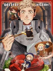 2girls 3boys absurdres armor beard black_eyes blonde_hair blue_robe bowl braid braided_ponytail breastplate brown_hair chibi chilchuck_tims chopsticks closed_eyes drinking dungeon_meshi dwarf eating elf english_text engrish_text facial_hair falin_touden falin_touden_(tallman) gorget green_hair halfling highres holding holding_bowl holding_chopsticks holding_staff laios_touden light_blush long_beard long_hair lotus_(miya1224) marcille_donato multiple_boys multiple_girls pauldrons plate_armor pointy_ears ranguage robe salt senshi_(dungeon_meshi) short_hair shoulder_armor staff sweatdrop twin_braids vambraces very_long_beard yellow_eyes