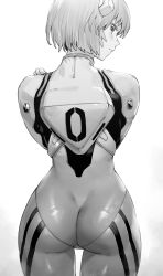 Rule 34 | 1girl, absurdres, ass, ayanami rei, bodysuit, bow, closed mouth, curvy, from behind, greyscale, hair bow, hair ornament, hairclip, highres, huge ass, interface headset (evangelion), looking at viewer, looking back, mecha pilot suit, monochrome, neon genesis evangelion, niwarhythm, plugsuit (evangelion), short hair, simple background, skin tight, solo, standing, thick thighs, thigh gap, thighs, white background, wide hips