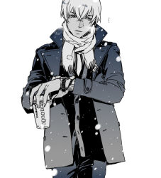 Rule 34 | 1boy, amuro tooru, bad id, bad pixiv id, cowboy shot, crossed bangs, cup, disposable coffee cup, disposable cup, greyscale, hair between eyes, highres, holding, holding cup, jacket, long sleeves, looking at viewer, male focus, meitantei conan, monochrome, mrc-k, notice lines, open clothes, open jacket, pants, parted lips, scarf, short hair, simple background, snowing, solo, watch, white background, wristwatch