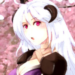1girl 2000s_(style) :o armor assassin_(ragnarok_online) bandages bandages_over_clothes black_horns cherry_blossoms commentary_request feliciel horns long_hair looking_at_viewer lowres open_mouth pauldrons pink_background purple_shirt ragnarok_online red_eyes shirt shoulder_armor solo upper_body white_hair