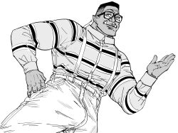 1boy absurdres alternate_species bb_(baalbuddy) belt bulge buttoned_cuffs buttons dark-skinned_male dark_skin denim family_matters glasses highres jeans looking_at_viewer male_focus muscular muscular_male orc pants pointy_ears pun shirt solo steve_urkel striped_clothes striped_shirt suspenders tusks