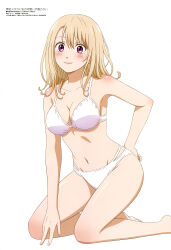 Rule 34 | 1girl, absurdres, bare shoulders, bikini, blonde hair, blush, breasts, cleavage, closed mouth, collarbone, highres, kawai mona, kneeling, kuroiwa medaka ni watashi no kawaii ga tsuujinai, long hair, looking at viewer, magazine scan, medium breasts, megami magazine, midriff, multi-strapped bikini bottom, navel, official art, purple eyes, scan, simple background, smile, solo, swimsuit, thighs, white background, white bikini