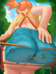 1boy 1girl alternate_color arm_behind_back ass ass_press back bad_deviantart_id bad_id bare_shoulders beedrill blue_sky cloud cloudy_sky creatures_(company) crop_top denim denim_shorts from_behind from_below game_freak gen_1_pokemon gen_2_pokemon giant giantess highres holding huge_ass marill md5_mismatch midriff mini_person miniboy misty_(pokemon) nintendo orange_hair outdoors plump pogojo pokemon pokemon_(anime) pokemon_(classic_anime) pokemon_(creature) ponytail scyther shirt short_hair short_ponytail short_shorts shorts side_ponytail sitting size_difference sky sleeveless sleeveless_shirt smother solo_focus suspenders sweat tank_top thick_thighs thighs tracey_sketchit venonat wide_ponytail yellow_shirt