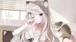 1girl animal_ear_fluff animal_ears bare_shoulders window_blinds blue_eyes blush breasts cat_ears cat_girl cat-shaped_pillow cat_tail character_request cleavage collarbone desk dot_nose eumi_114 hair_ornament hairclip highres indie_virtual_youtuber indoors large_breasts long_bangs long_hair looking_at_viewer morning one_eye_closed parted_lips rubbing_eyes shirt sidelocks sleep_mask sleepy sleeveless sleeveless_shirt solo straight_hair tail teeth upper_body virtual_youtuber white_hair white_shirt window
