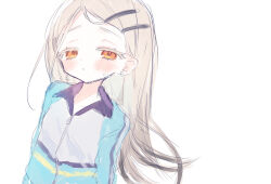 Rule 34 | 1girl, blonde hair, blush, colored eyelashes, commentary, earrings, gakuen idolmaster, grey hair, highres, idolmaster, jacket, jewelry, long hair, looking at viewer, orange eyes, partially unzipped, sato uyu, shinosawa hiro, simple background, sketch, solo, stud earrings, sweat, track jacket, very long hair, white background