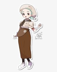 1girl :d apron ascot black_eyes brown_apron brown_ascot brown_skirt buttons eneko_(olavcnkrpucl16a) gloves green_hair hand_up happy hat highres jacket katy_(pokemon) looking_at_viewer nintendo nymble open_mouth outline pantyhose pokemon pokemon_sv puffy_sleeves shoes short_sleeves skirt smile spider_web_print twitter_username waist_apron white_shoes